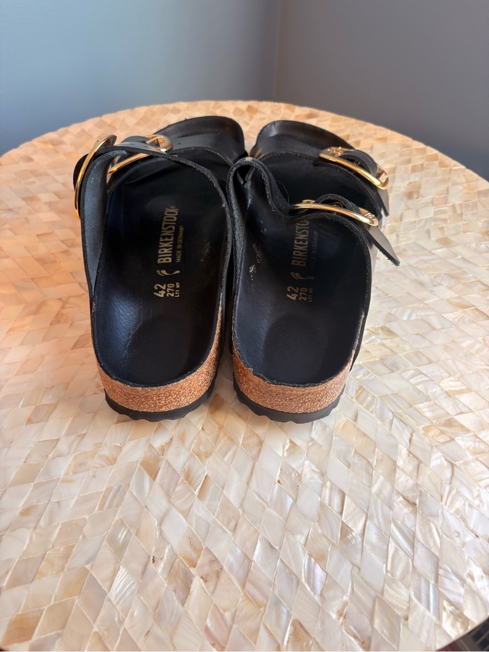 Birkenstock Black Patent Two-Strap Sandals with Gold Buckles - Picture 3 of 4